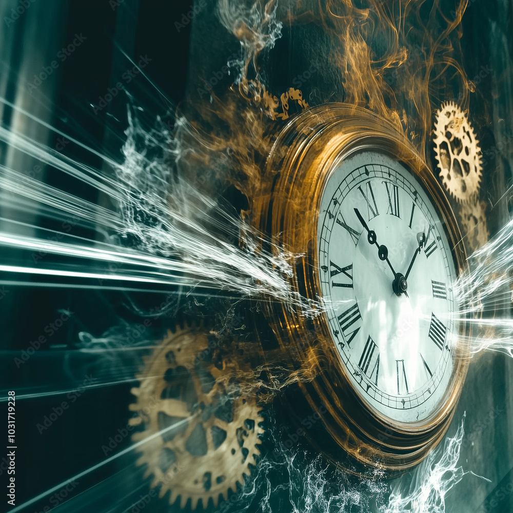Leinwandbilder vintage clock exploding with gears and fragments flying through the air, symbolizing the passage of 