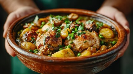 A steaming clay pot dish showcasing a delicious arrangement of roasted chicken pieces with potatoes and peas, symbolizing home-cooked warmth and savory satisfaction.