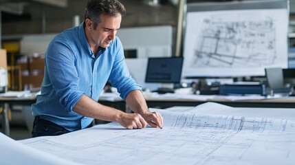 A man examines architectural plans on a large table in an office setting, focused on designing and planning an upcoming project.