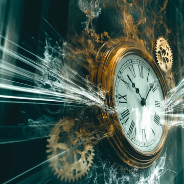 Vintage clock exploding with gears and fragments flying through the air, symbolizing the passage of time