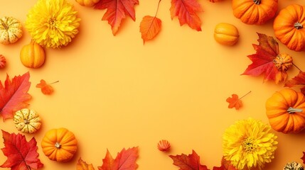 A vibrant autumn-themed arrangement with pumpkins, flowers, and leaves on a bright background.