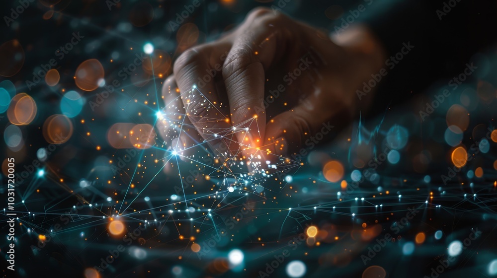 Aufkleber a hand reaches out to interact with glowing data points amid a digital network at night, showcasing 