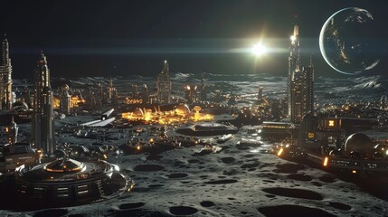 Futuristic lunar cityscape illuminated by a distant sun and showcasing advanced architecture and urban life on the moon at nighttime