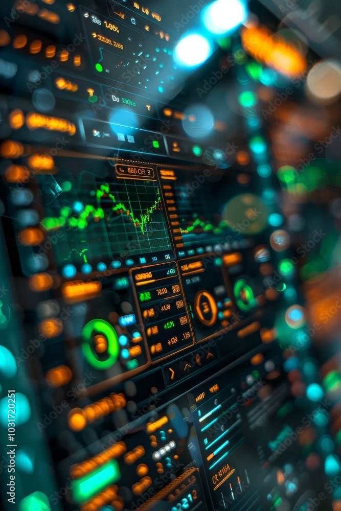Poster close-up view of digital trading interface displaying stock market trends and data analytics at nigh