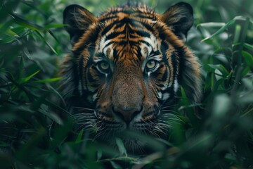 Striking tiger blends into its lush green habitat while observing its surroundings in the wild during daylight hours