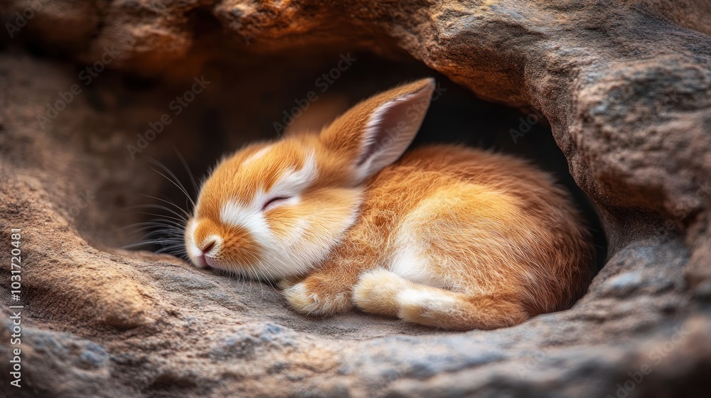 Poster A cute, sleeping rabbit nestled in a cozy rock crevice.