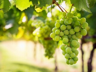 Fototapeta premium Ripe green grapes hung on vineyards of grape trees. In the morning vineyard., Grapes fruits on tree branch with grapes plantation background.