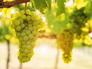 Ripe green grapes hung on vineyards of grape trees. In the morning vineyard., Grapes fruits on tree branch with grapes plantation background.