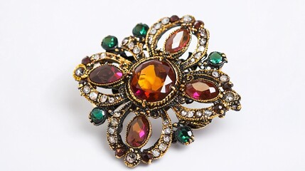 An exquisite vintage brooch featuring intricate designs and shimmering gemstones, elegantly showcased on a pristine backdrop.