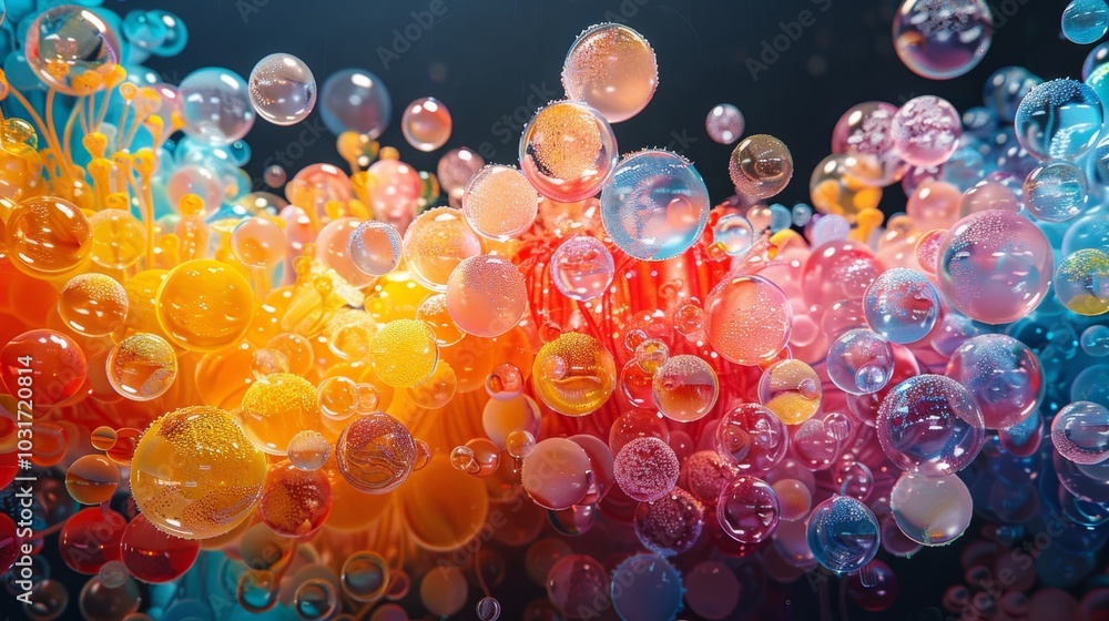 Poster colorful abstract composition of bubbles and vibrant hues floating in water, creating a visually str