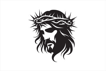 Minimalist Black Silhouette of Jesus Christ with Crown of Thorns  Clean Line Art 14.eps