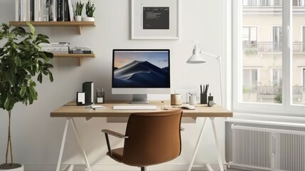 A clean, minimalist home office setup with a simple desk, ergonomic chair, and just a few essential items, promoting focus and productivity.