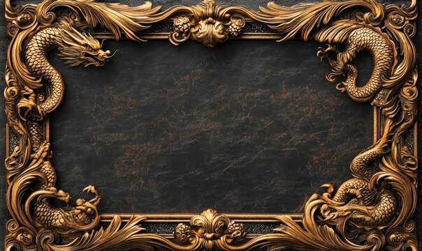 Ornate gold dragon frame on black background.