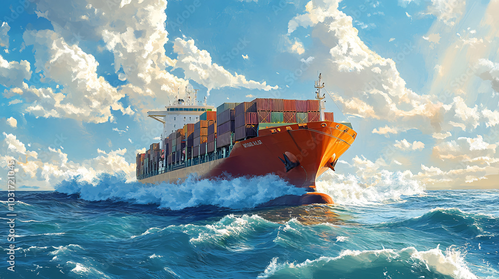 Wall mural cargo container ship, cargo vessel ship carrying container and running for import export concept tec