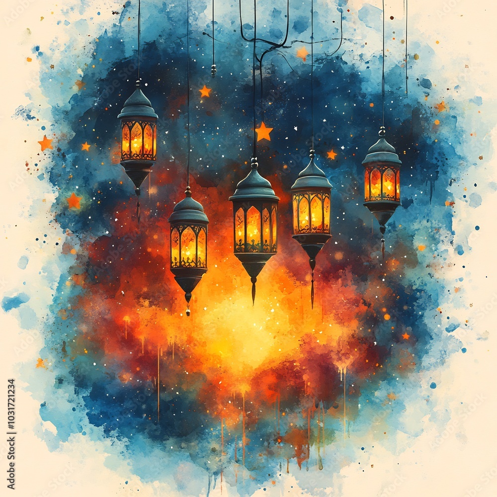 Poster whimsical ramadan kareem card template playful illustrations of stars and lanterns combined with a d