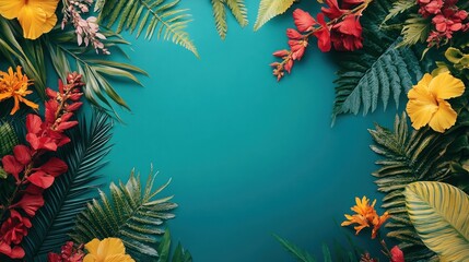 A vibrant arrangement of tropical flowers and leaves on a teal background.