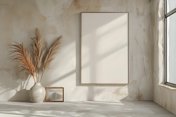 Mockup picture in beige interior,  office, dried flowers