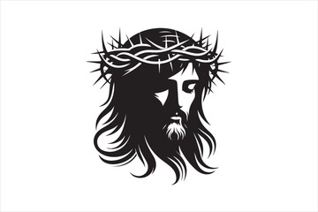 Minimalist Black Silhouette of Jesus Christ with Crown of Thorns  Clean Line Art 19.eps