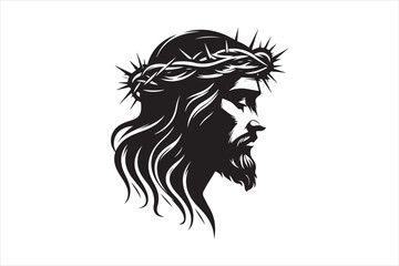 Minimalist Black Silhouette of Jesus Christ with Crown of Thorns  Clean Line Art 18.eps