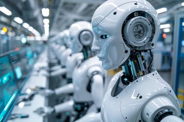Fototapeta premium Advanced robotic assembly line in a modern manufacturing facility showcasing automation technology and artificial intelligence integration