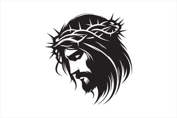 Minimalist Black Silhouette of Jesus Christ with Crown of Thorns  Clean Line Art 20.eps