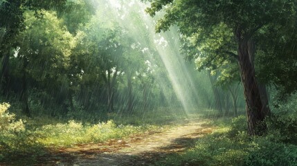 Obraz premium A serene forest scene illuminated by sunlight filtering through the trees.