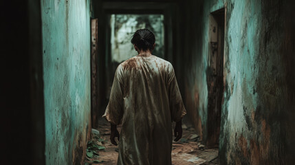 Naklejka premium A man in a dirty white robe walks down a hallway