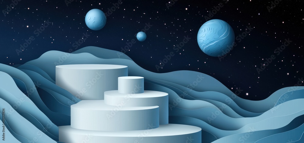 Poster abstract landscape with layered forms and celestial bodies in a cosmic setting.