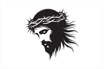 Minimalist Black Silhouette of Jesus Christ with Crown of Thorns  Clean Line Art 22.eps