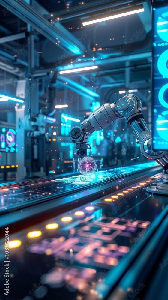 Poster a robotic arm manipulating a glowing orb in a futuristic high-tech laboratory filled with vibrant ne
