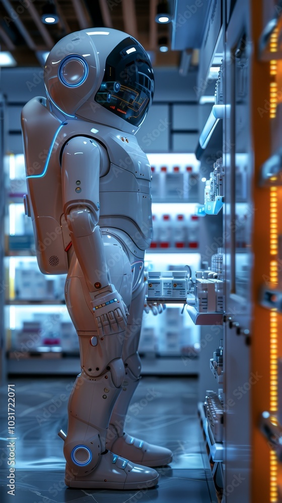 Poster a futuristic robot in an astronaut suit interacts with technology in a brightly lit store displaying