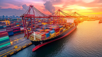 Naklejka premium Cargo container Ship, cargo vessel ship carrying container and running for import export concept technology freight shipping sea freight by Express Ship. 