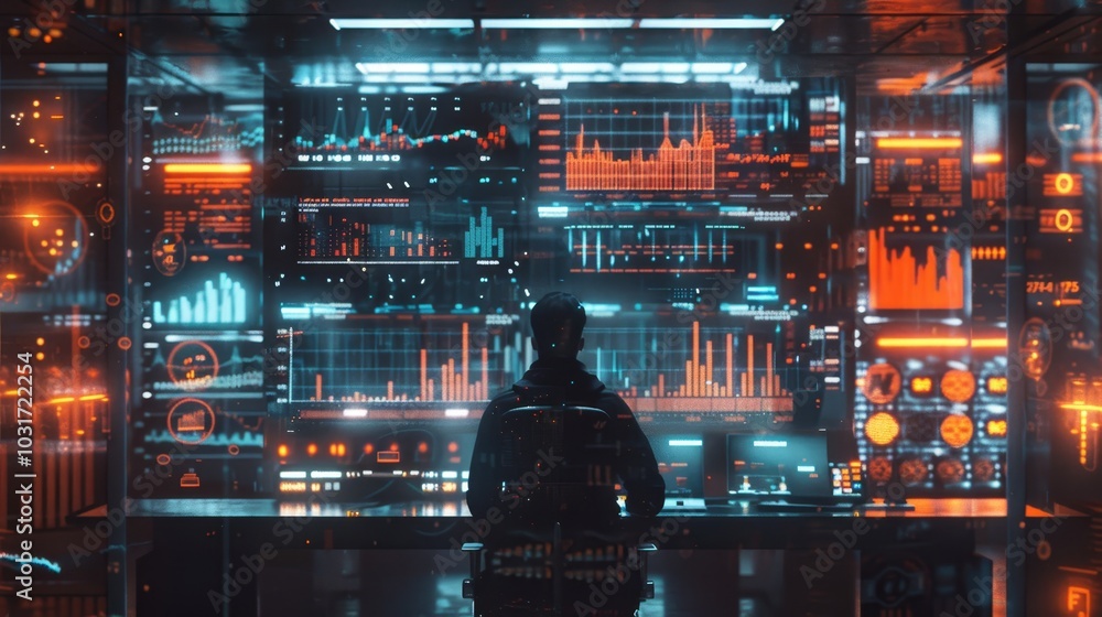 Aufkleber technician analyzing data on advanced digital screens in a high-tech control room during nighttime o