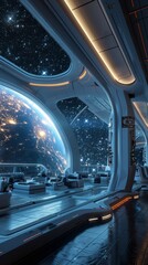 Fototapeta premium Futuristic spaceship interior overlooking Earth at night with vibrant stars shining in the background