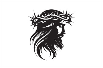 Minimalist Black Silhouette of Jesus Christ with Crown of Thorns  Clean Line Art 32.eps