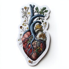 Human Heart Anatomy with Flowers and Vines Illustration Sticker Design