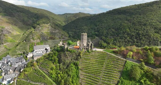 Castle Metternich, Historical landmark in Beilstein, Germany. Aerial drone video.
