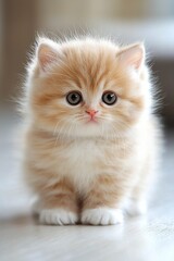  A small orange-and-white kitten sits on a hardwood floor, gazing sadly at the camera