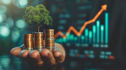 Hand holding coins and a tree with a growing financial graph in the background, symbolizing investment and sustainability