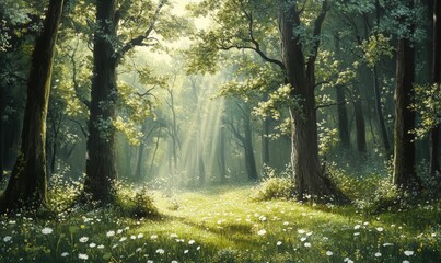 Sunbeams through trees in a forest clearing.