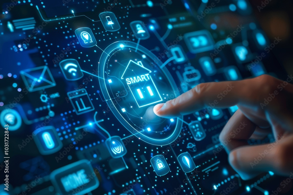 Poster engaging with smart home technology through a digital interface displaying various connected devices