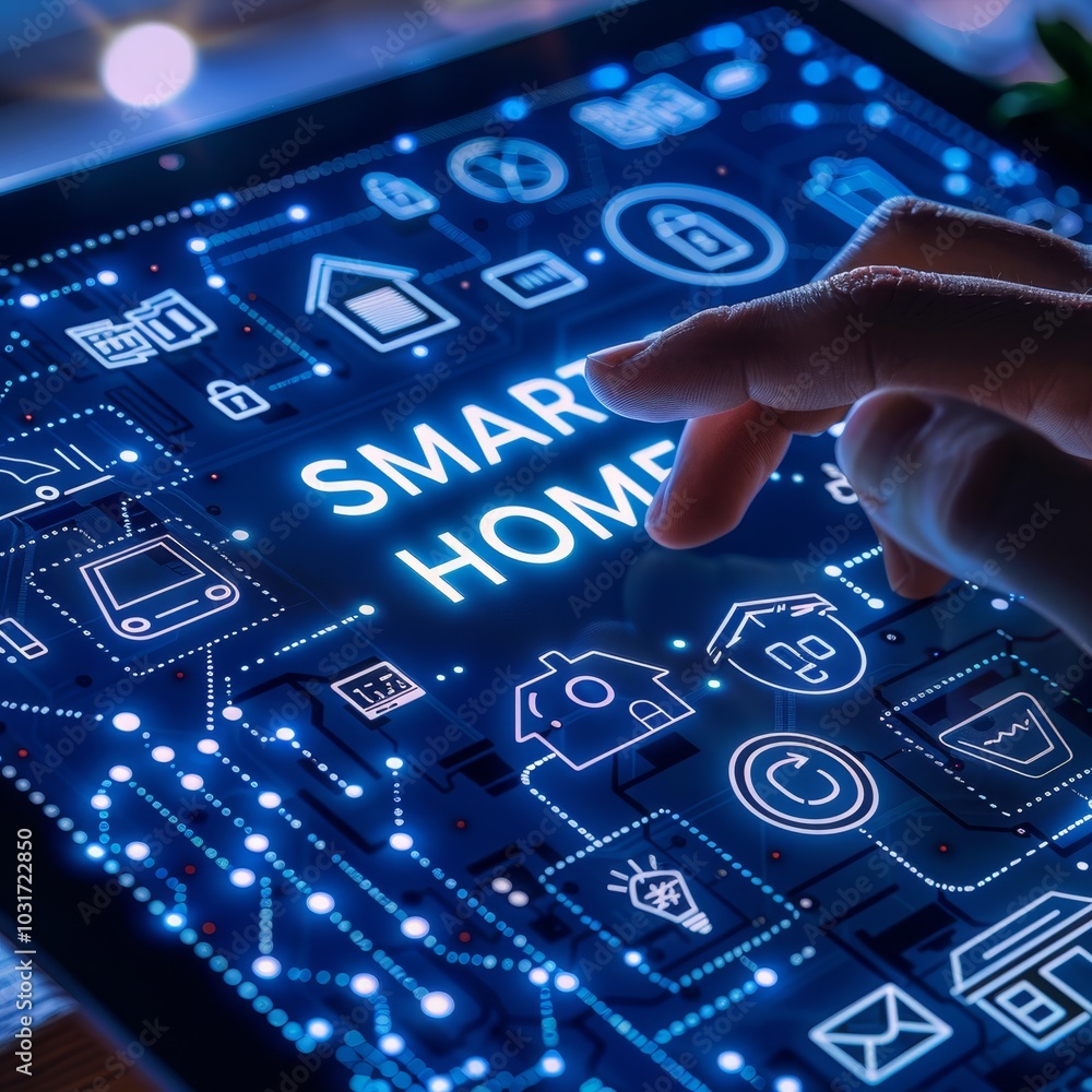 Poster exploring smart home technology on a digital tablet with various connected device icons at night
