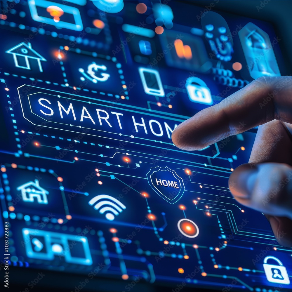 Poster exploring smart home technology with interactive touchscreen interface during evening hours