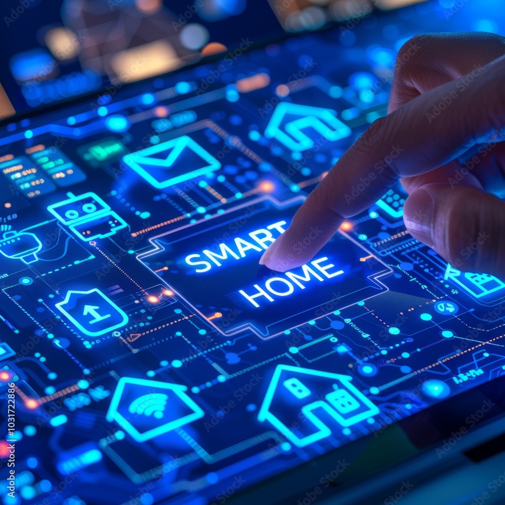 Poster user interacting with smart home interface on digital screen demonstrating advanced technology and h
