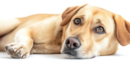 A close-up of a relaxed dog lying down, showcasing its gentle expression.