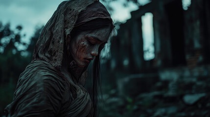 A woman in a hooded robe is covered in blood and appears to be in a dark
