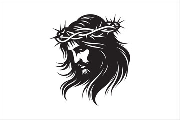 Minimalist Black Silhouette of Jesus Christ with Crown of Thorns  Clean Line Art 43.eps