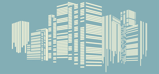 An abstract minimalist depiction of skyscrapers in an urban skyline. The geometric shapes and clean lines create a stylized silhouette of a city © BNMK0819
