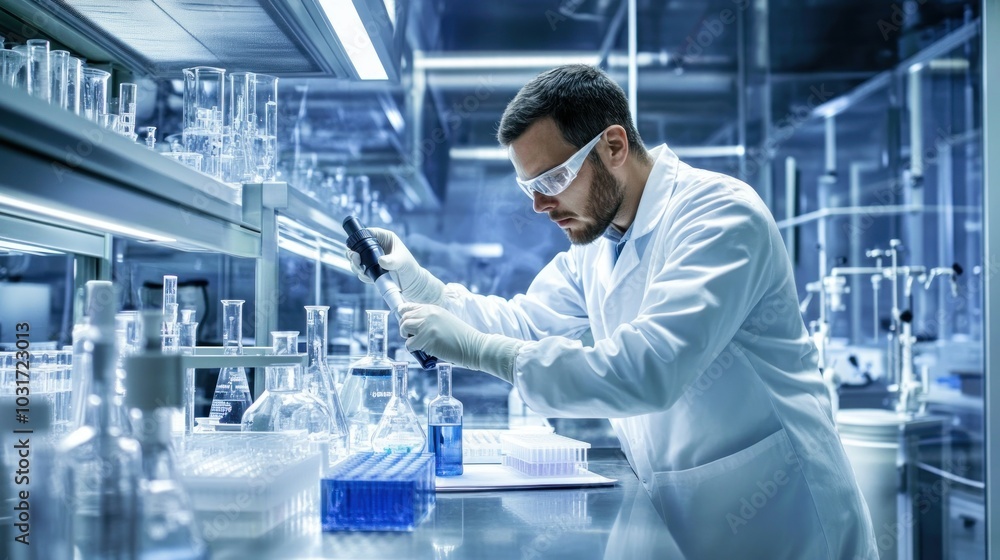 Poster scientist in a lab coat performing a chemical experiment
