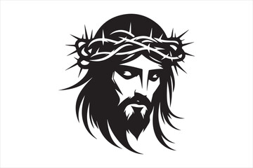 Minimalist Black Silhouette of Jesus Christ with Crown of Thorns  Clean Line Art 47.eps